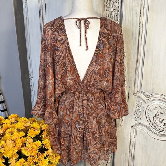 Olivaceous Bohemian Brown Floral Patterned Women's Babydoll Mini Dress/Romper - Picture 7 of 13